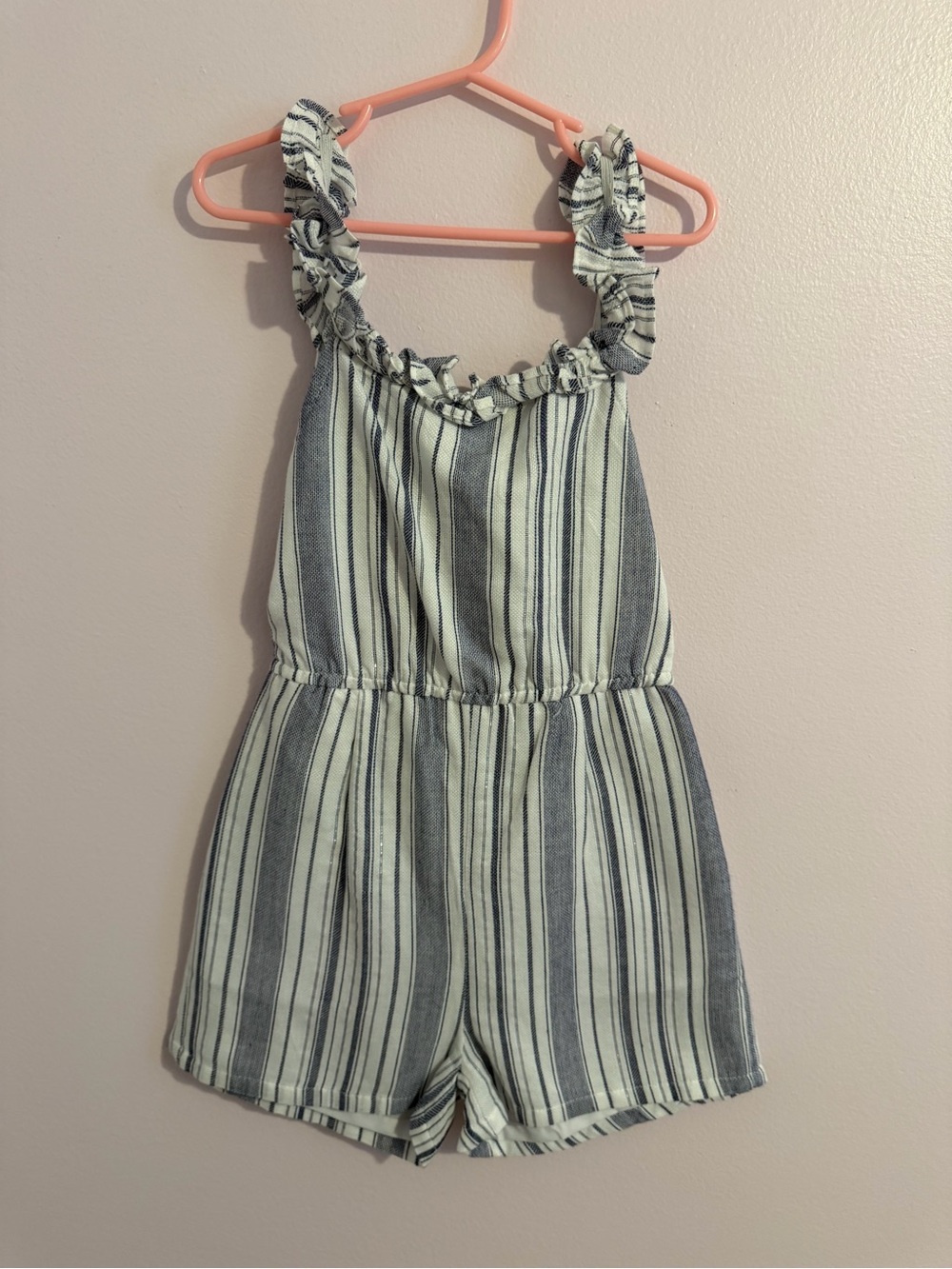 Rare Editions Navy & White Striped Ruffle Strap Romper